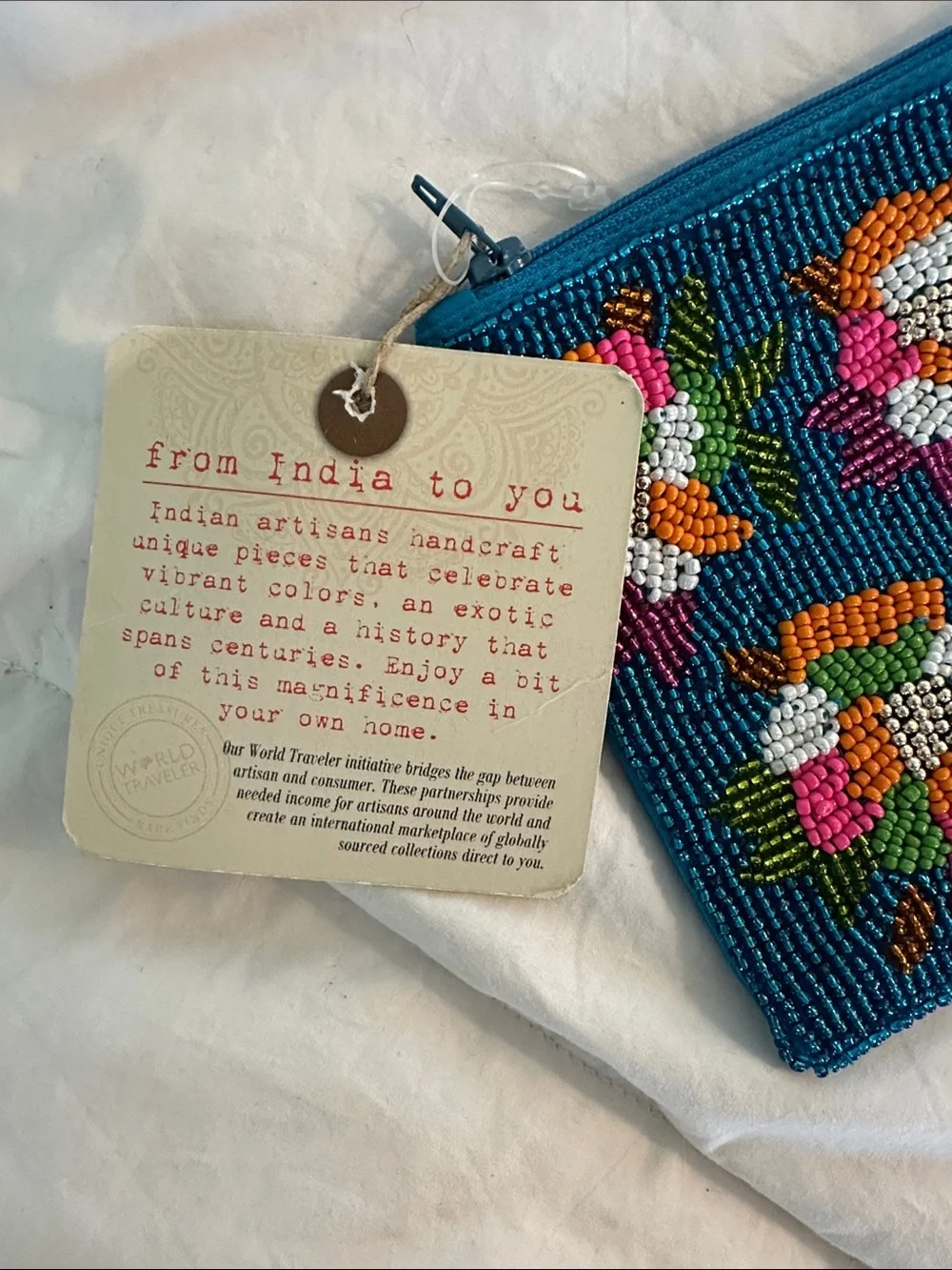 Made in India - Beaded Floral Zip Pouch - Teal